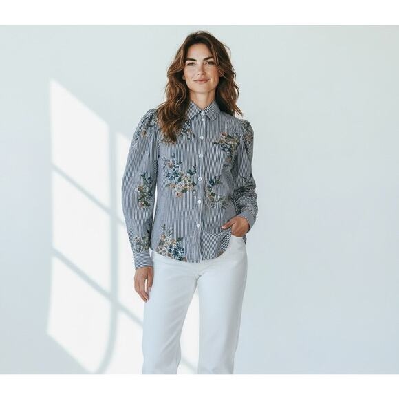 Veronica Beard Signy Floral Embroidered Button-Front Striped Shirt - Picture 1 of 15